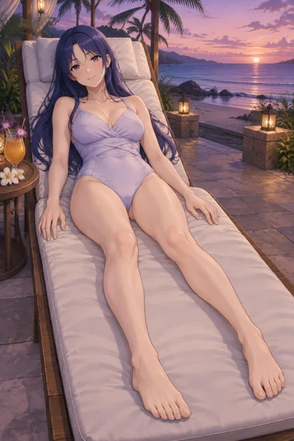 Elyssan, an adult anime woman reclining on a seaside lounger