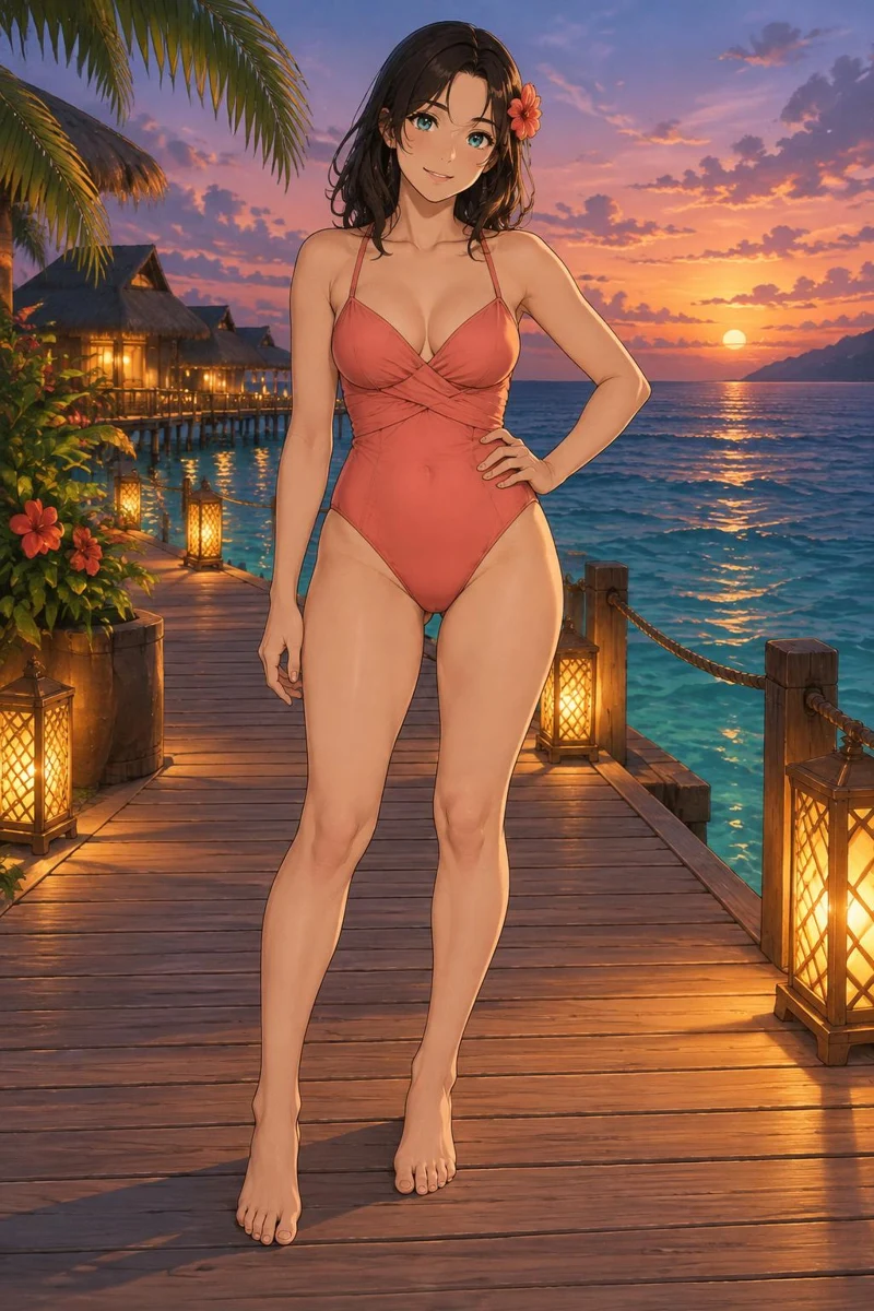 Orynne, an adult anime woman standing on a coastal boardwalk