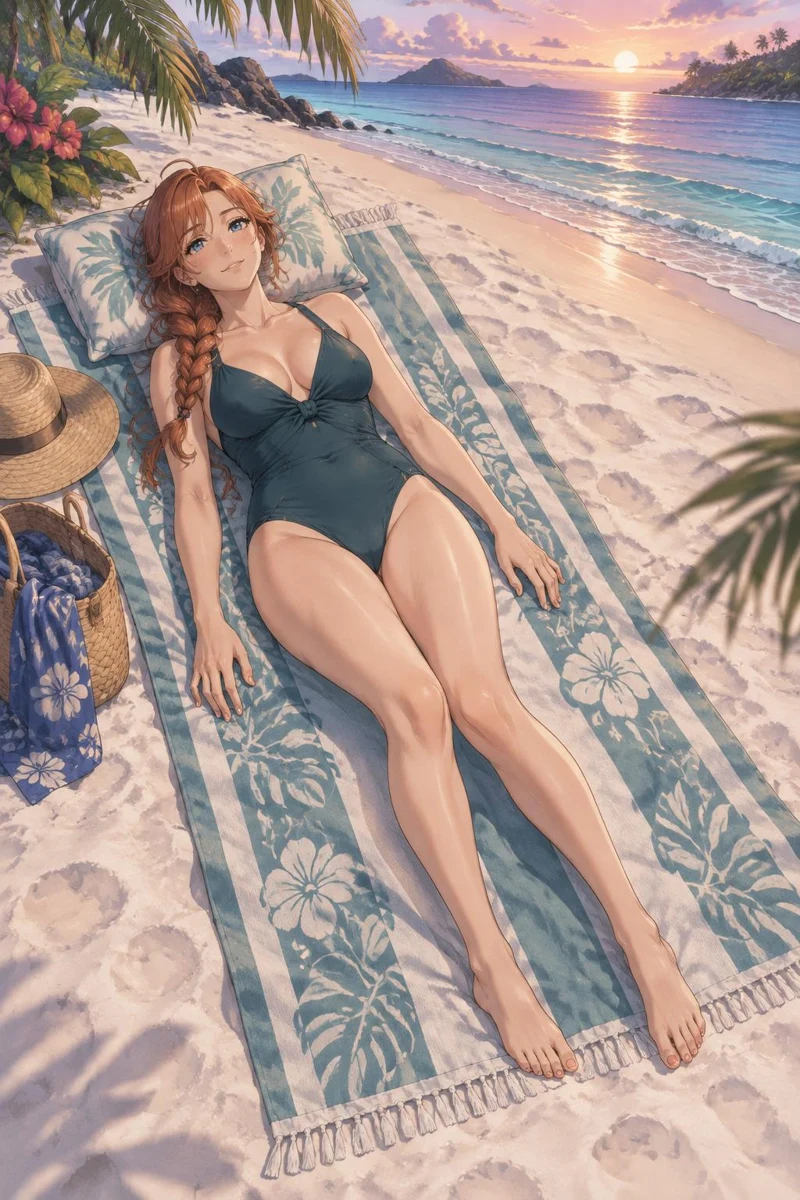 Sylune, an adult anime woman lying on a beach blanket